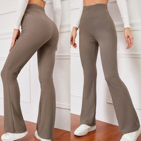 Boho ribbed knit high waisted flared pants minimalist black - Picture 3 of 5